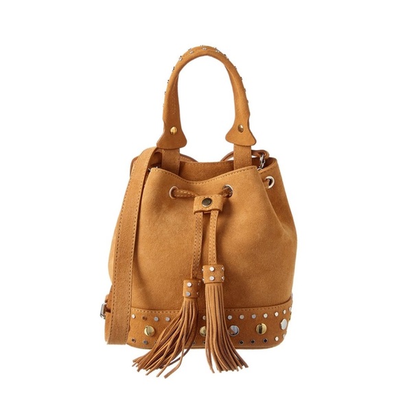 Sandro Alandra Studded Suede Bucket Bag in Tan Crossbody - Picture 1 of 10